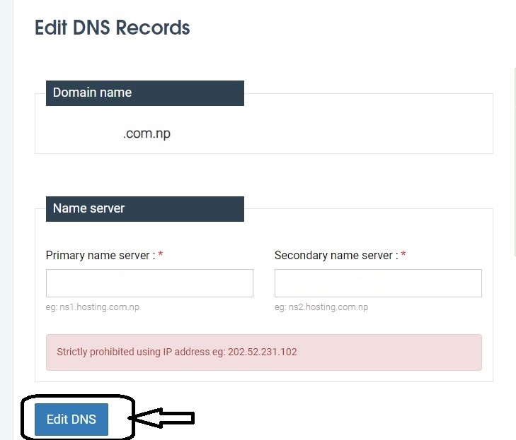 how to change DNS Nameserver of .com.np domain from register.com.np